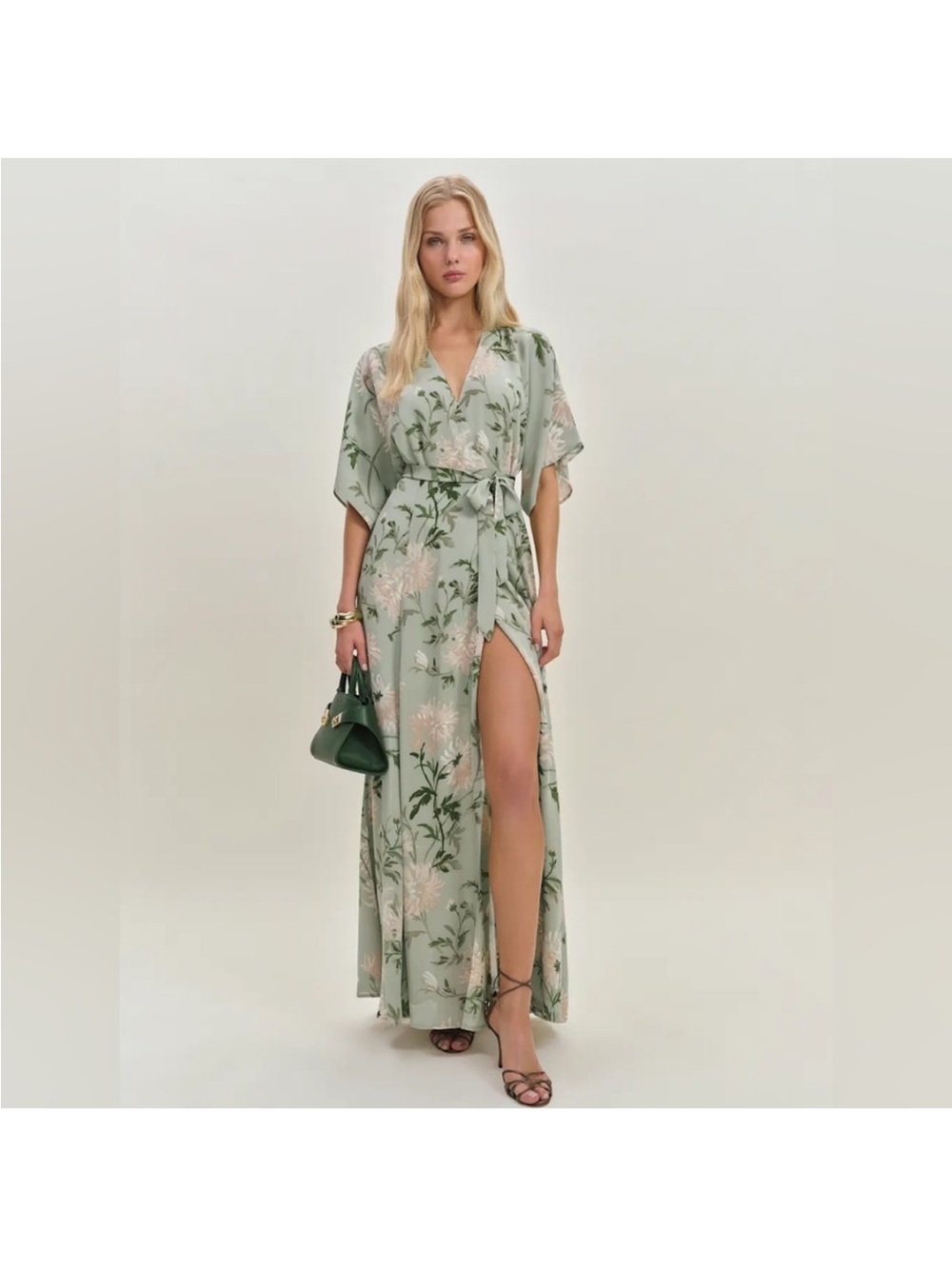 Reformation Sage Green Floral Wrap Maxi Dress with Side Slit